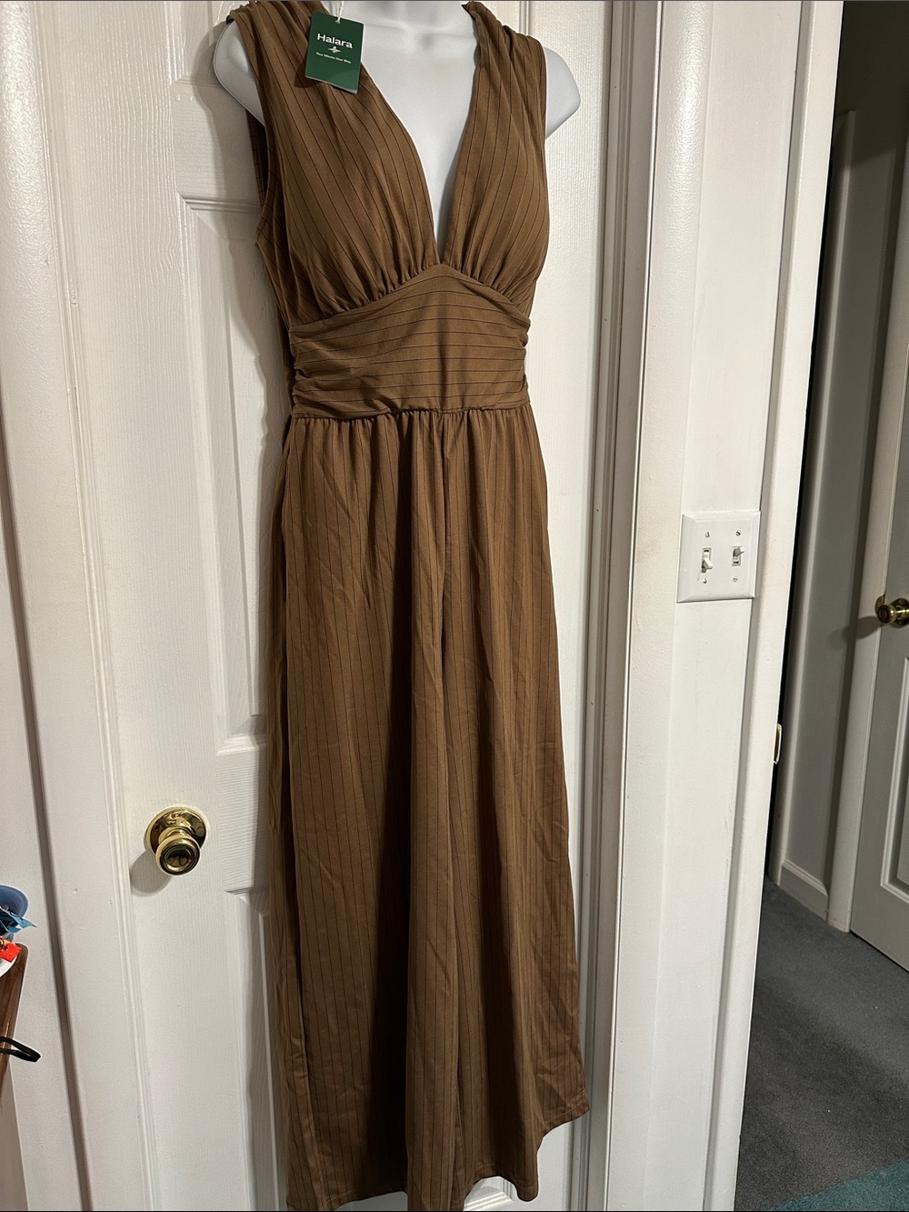 HALARA Brown Pinstripe V-Neck Sleeveless Jumpsuit